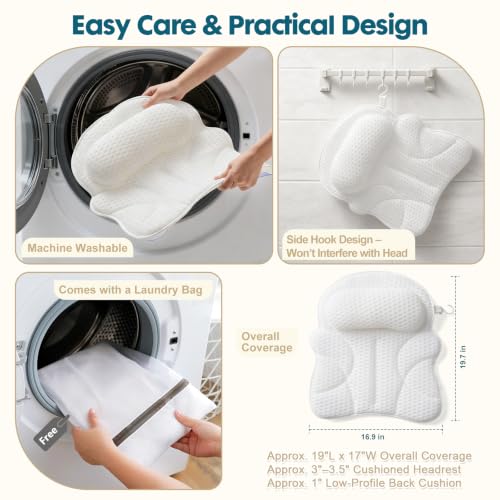 Bath Pillows for Tub, Bathtub Pillow for Head & Neck, Spine-Line Groove | Extended Wings | Spine-Line Groove | Extra Thick Headrest | Quick-Dry 4D Air Mesh | 6 Non-Slip Suction Cups | Laundry Bag