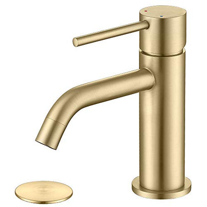 Brushed Gold Bathroom Faucet, Single Handle Brass Sink Faucet Bathroom Single Hole with Pop Up Sink Drain Assembly and Water Faucet Supply Lines | cUPC NSF Lead-Free Bathroom Sink Faucet Single Handle with Pop Up Drain & Supply Lines, 1 Handle Matte Gold