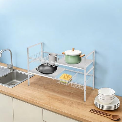 2-Tier Under Sink Organizer, Adjustable 20.9-34.6 Inch, Stainless Steel Cabinet Shelf with 4 Baskets, Cream White (Silver) - color: Silver