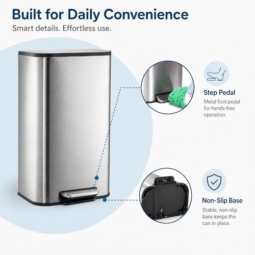 GarveeHome 8 Gal Kitchen Trash Can, Stainless Steel Garbage Can, Silver | Soft Close Lid, Hands-Free Foot Pedal, Removable Inner Bucket, Rectangular Step On Waste Bin for Home Office Living Room - color: Stainless Steel, size: 30 L