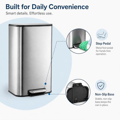 GarveeHome 8 Gal Kitchen Trash Can, Stainless Steel Garbage Can, Silver | Soft Close Lid, Hands-Free Foot Pedal, Removable Inner Bucket, Rectangular Step On Waste Bin for Home Office Living Room - color: Stainless Steel, size: 30 L