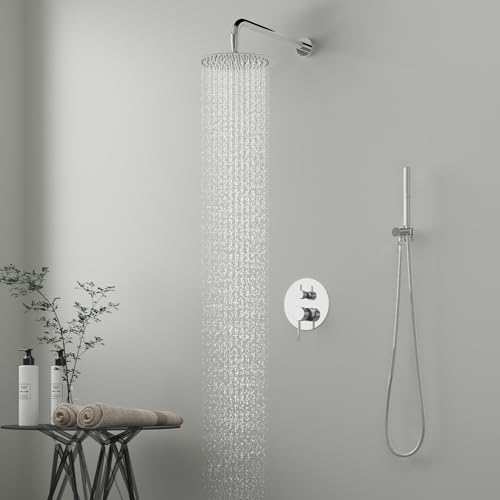 BESy Shower System with 10 Inch Round Rain Shower Head and Handheld Wall Mounted, High Pressure Rainfall Shower Faucet Fixture Combo Set with 2 in 1 Handheld Showerhead for Bathroom, Chrome - color: Chrome