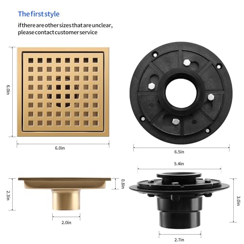 Shower Drain, Brushed Gold 6 inch Shower Floor Square Drain with Flange, Removeable Grid Panel SUS 304 Stainless Steel Square Shower Drain - color: Brushed Gold, size: 6 inch
