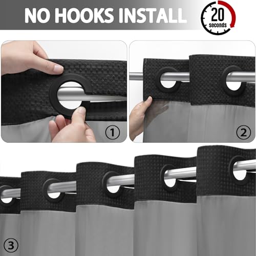 No Hook Shower Curtain with Liner Set Hotel Waffle Curtain Black 78W X 75L | Washable Snap in Fabric Liner, Mesh Top Window, Waffle Hotel Style Shower Curtain Set - color: Black, size: Extra Width 78"W x 75"L
