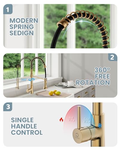Kitchen Faucet, Brushed Gold Faucet for Kitchen Sink, Kitchen Sink Faucet with Pull Down Sprayer, Single Handle Stainless Steel Kitchen Faucets with Dual Function Spray Head - color: C-Brushed Gold, style: Classic