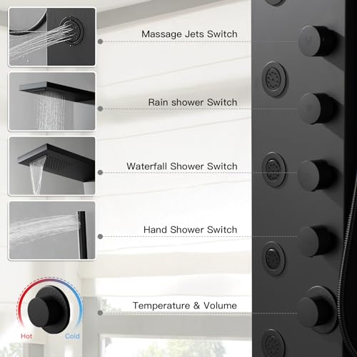 Shower Panel Tower System with Rainfall Shower Head | 5 Body Jets and Handheld Shower Head Modern Massage Shower System Matte Black by Homevacious - color: Matte Black, style: Standard Shower Panel