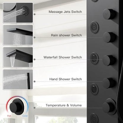 Shower Panel Tower System with Rainfall Shower Head | 5 Body Jets and Handheld Shower Head Modern Massage Shower System Matte Black by Homevacious - color: Matte Black, style: Standard Shower Panel