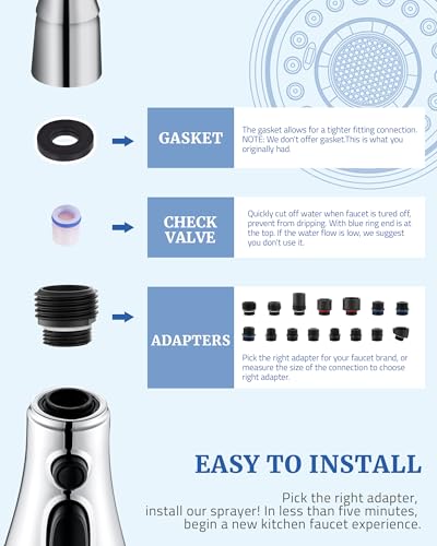 Kitchen Faucet Spray Head Replacement with 15 Adapters, 3-Function, Chrome | Pull Down Faucet Sprayer Head, Easy to Install, Compatible with Delta Moen Kohler, 3 Modes, for Kitchen Sink Faucet - color: Chrome