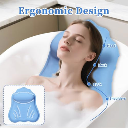 Luxury Silicone Bath Pillow for Tub, New Cloud-Soft 4D Air-Cushion Bathtub Pillow for Head and Neck & Back Support, Strong Suction Cups, Waterproof Quick-Dry Bathtub Headrest (Blue) - color: Blue