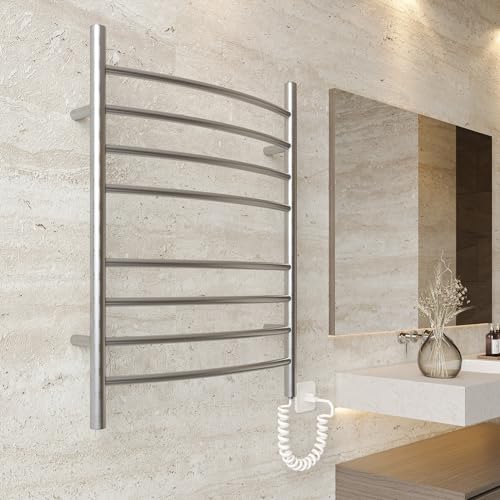 8-Bar Towel Warmer, Heated Towel Rack, Plug-in, Brushed | 304 Stainless Steel Curved 8-Bar Wall-Mounted Towel Warmer With Plug-In Installation Only For Bathrooms - color: Brushed