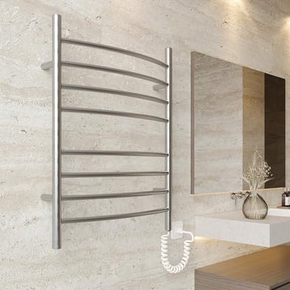 8-Bar Towel Warmer, Heated Towel Rack, Plug-in, Brushed | 304 Stainless Steel Curved 8-Bar Wall-Mounted Towel Warmer With Plug-In Installation Only For Bathrooms - color: Brushed