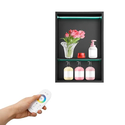 12 * 18In RGB LED Light Shower Niche, 2-Tier Stainless Steel Recessed Storage with Remote Control, Black No Tile Needed Wall Niche for Bathroom Storage Built-in Installation (12x18in RGB) - size: 12x18in RGB