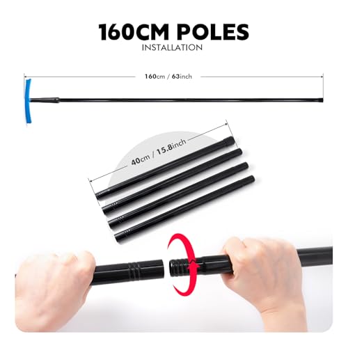 FOSHIO TPU Squeegee 10-Inch Blade with 4 Extension Poles (Extends up to 63 Inches), Anti-Slip Grip Handle Rubber Squeegee Streak-Free Cleaning for Car Windows, Shower Doors, Mirrors, Glass