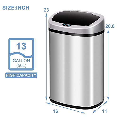 13 Gallon Stainless Steel Trash Can with Lid,Touch Free Automatic Kitchen Trash Can,Fingerprint-Resistant Soft Close Lid Garbage Can, 50L Large Capacity Garbage Can for Kitchen Home Office(Sliver) - color: Sliver