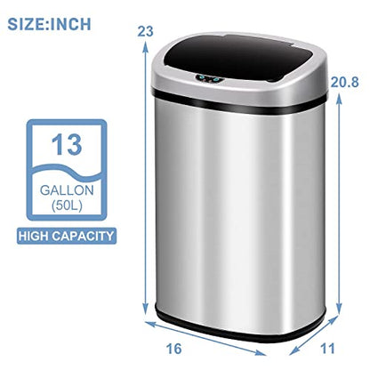 13 Gallon Stainless Steel Trash Can with Lid,Touch Free Automatic Kitchen Trash Can,Fingerprint-Resistant Soft Close Lid Garbage Can, 50L Large Capacity Garbage Can for Kitchen Home Office(Sliver) - color: Sliver