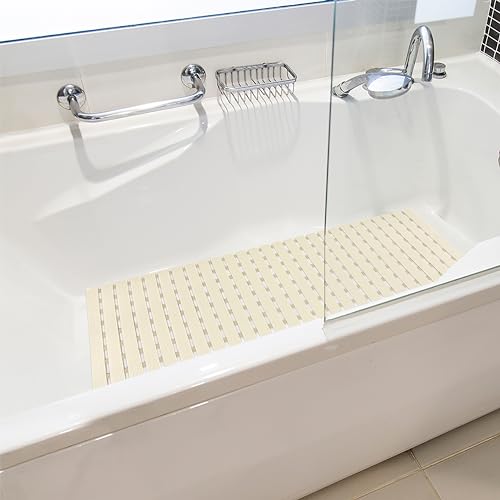 BEMISO Shower Mat Non Slip Bathtub Mat 37.4 x 15.7 Inch Bath Mat for Tub | Suction Cups,Drain Holes,Easy Dry,Easy to Cut,Eco-Friendly - color: Beige, size: 37.4 x 15.7 inches