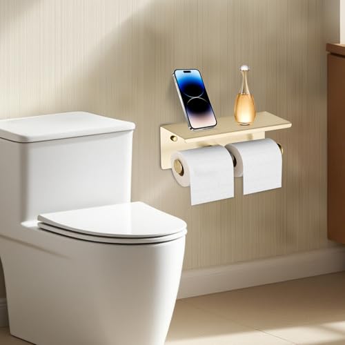 Brushed Gold Double Paper Holder with Shelf, Bathroom Toilet Roll Holder | Wall Mounted SUS 304 Stainless Steel Toilet Tissue Holder YIGUANXIN - color: Gold