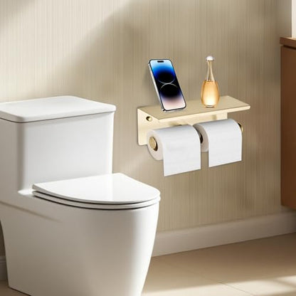 Brushed Gold Double Paper Holder with Shelf, Bathroom Toilet Roll Holder | Wall Mounted SUS 304 Stainless Steel Toilet Tissue Holder YIGUANXIN - color: Gold