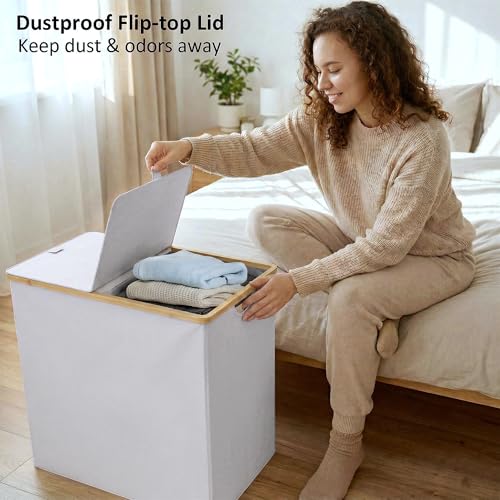 efluky Laundry Hamper with Lid, Double Laundry Basket with 2 Removable Bags, 2 Section Laundry Bin with Bamboo Handles for Bathroom, Bedroom & Laundry Room, 140L (36.9 Gallon) Light Grey - color: Light Grey, size: 140L Dual
