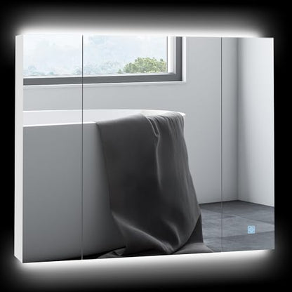 kleankin LED Medicine Cabinet with Mirror, 3 Doors, USB, Wall Mount, White | 35.5 x 29.5" Bathroom Vanity Mirror, rganizer, Dimmer, Touch Switch
