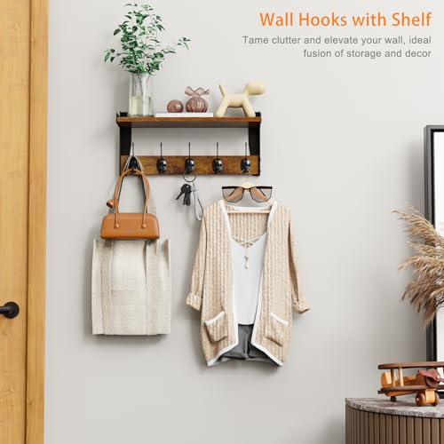 Wall Hooks with Shelf, Wood Coat Rack with Shelf Wall-Mounted, Entryway Hanging Shelves with 5 Metal Hooks for Clothes Hats Towel Purse Robes, Bathroom Mudroom Bedroom, Rustic Brown - size: 16 inch Long