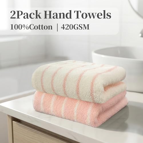 VOOVA & MOVAS Hand Towels with Loop, 100% Cotton, 13x29 in,Pink Striped | 2 Pack, Perfect for Modern Home Bathroom & Kitchen, 420GSM Medium Weight, Ultra Absorbent - color: Pink