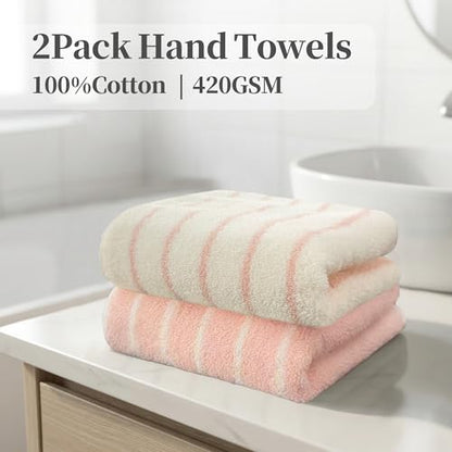 VOOVA & MOVAS Hand Towels with Loop, 100% Cotton, 13x29 in,Pink Striped | 2 Pack, Perfect for Modern Home Bathroom & Kitchen, 420GSM Medium Weight, Ultra Absorbent - color: Pink