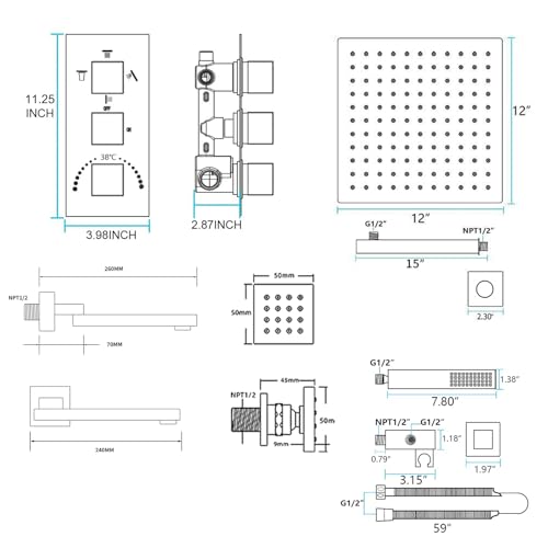 4 Way Thermostatic Shower System with Tub Spout, Handheld Spray, 6 Body Jet, 12 inch LED Rainfall Shower Head, Brushed Nickel - color: Brushed Nickel, size: 12" Wall Shower