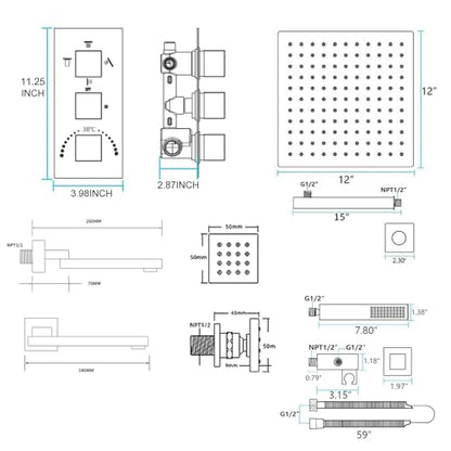 4 Way Thermostatic Shower System with Tub Spout, Handheld Spray, 6 Body Jet, 12 inch LED Rainfall Shower Head, Brushed Nickel - color: Brushed Nickel, size: 12" Wall Shower