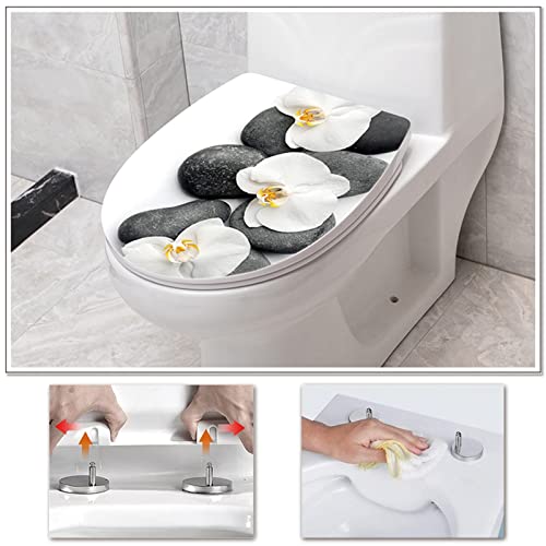 White Plastic Oval Toilet Seat with Quick Release, Top Fixing, Adjustable Hinges, Seagull and Starfish Design, One Size - color: Stone and Flower