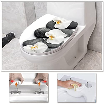 White Plastic Oval Toilet Seat with Quick Release, Top Fixing, Adjustable Hinges, Seagull and Starfish Design, One Size - color: Stone and Flower