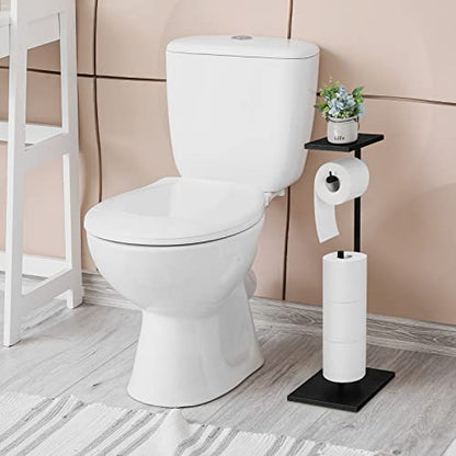Toilet Paper Holder Free Standing Black Bathroom Toilet Paper Holder Stand with Storage Shelf, Freestanding Roll Tissue Holders Dispenser for Reserve Spare Mega Rolls - color: Black