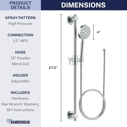 HammerHead Showers® Solid Metal 27.5 Inch Shower Slide Bar Set and Handheld Shower Head with Hose — CHROME — 2.5 GPM High Pressure Spray Wand — Easily Adjust Height & Angle of Handshower - color: Chrome, size: 2.5 GPM