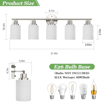 5-Light Brushed Nickel Vanity Lights, Bathroom Light Fixtures with Textured Milky White Glass Shade, Modern Bathroom Lighting Fixtures Over Mirror Wall Sconce Light - E26 Base - color: Nickel, size: 31.4 Inch : 5-Light