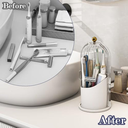 Toothbrush and Toothpaste Holders with Cover, Transparent | Waterproof and Dustproof, 360° Rotating Base, Smooth Sliding Door, 3 Slots, for Bathroom Countertop - color: Transparent