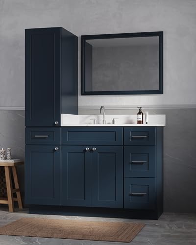 51" Bathroom Vanity with Linen Storage Tower and 4 Drawers, Carrara Quartz Top and Ceramic Sink, Left or Right Tower Option, Solid Wood Frame, 52" x 22" x 72" (Navy Blue, Left Tall Cabinet) - color: Navy Blue