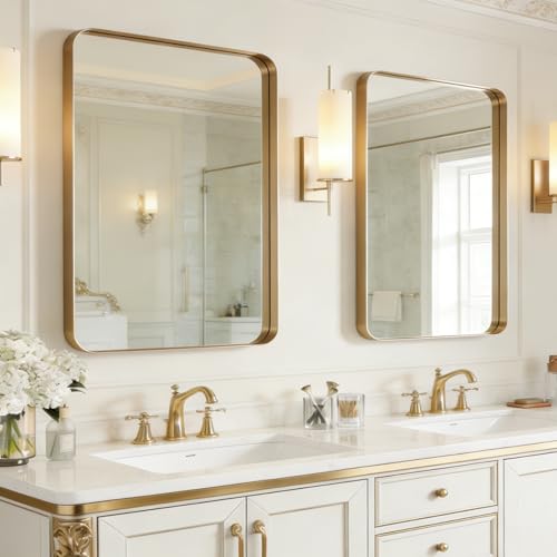 USHOWER Gold Bathroom Mirrors for Over Sink 22"x30" 2 Pack | Brushed Champagne Brass Gold Vanity Mirror for Wall, Aluminum Frame, Anti-Rust, Tempered Glass - color: Brushed Gold, size: 22"Lx30"W-2pcs