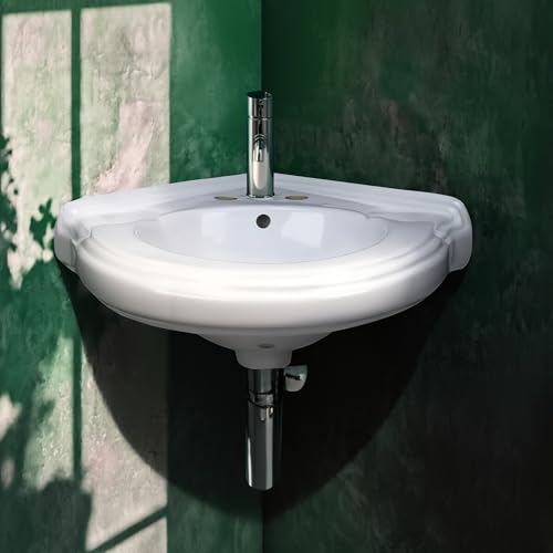 Renovators Supply Manufacturing Portsmouth 22 Inch Corner Wall Mount Bathroom Sink White Grade A Vitreous China Space Saving Floating Lavatory with Overflow 4 Inch Centerset Faucet Sink Only