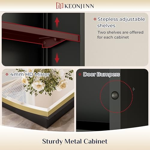 Keonjinn Medicine Cabinet 16 x 26 Inch, Surface Mount or Recessed Cabinets with Mirrors, Gold Metal Framed Wall Mirror with Storage, 2 Adjustable Shelves, Beveled Edge Frame | Adjustable Shelves, Different Curved Frame Design, Wall Mirror with Storage, Su