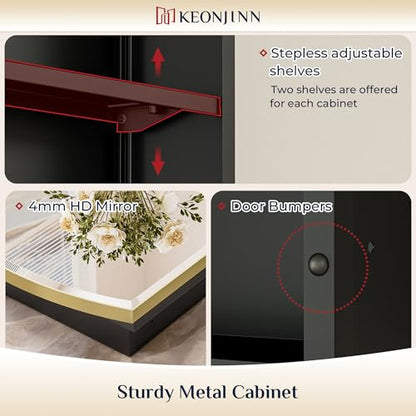Keonjinn Medicine Cabinet 16 x 26 Inch, Surface Mount or Recessed Cabinets with Mirrors, Gold Metal Framed Wall Mirror with Storage, 2 Adjustable Shelves, Beveled Edge Frame | Adjustable Shelves, Different Curved Frame Design, Wall Mirror with Storage, Su