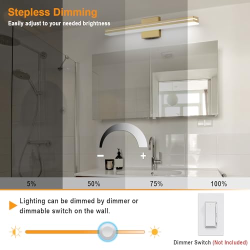 SineRise LED Modern Bathroom Vanity Light Fixtures (24-Inch, 3000K/4000K/6000K, Dimmable), Gold Modern Acrylic Bathroom Wall Lighting Fixtures Over Mirror - color: Gold, size: 24-Inch