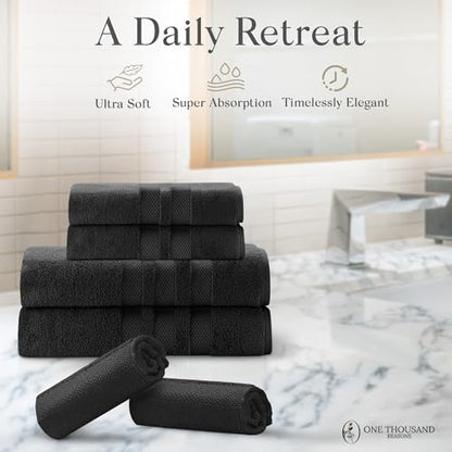Premium Staple Cotton Bathroom Towel Set - Black 600 GSM 6-Piece Luxury Bath Towel Set 3 Stripe - 2 Bath Towels, 2 Hand Towels & 2 Washclothes Set - High Absorbent & Quick Dry for Gym, Spa, Hotel - color: Black - 3 Stripe