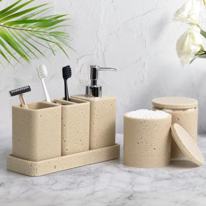 Bathroom Accessories Set 6 Piece Soap Dispenser Set Travertine Beige | Bathroom Set with Toothbrush Holders, Soap Dispenser, Vanity Tray, Tumbler, Cotton Swab Jars, Bathroom Organizer and Storage - color: Travertine Beige