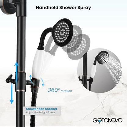 gotonovo Exposed Shower System with Spout,Oil Rubbed Bronze,No Shower Shelf | Brass Shower Faucet Set,8’’ Rain Head with Handheld Spray,Swivel Tub Spout,2 Cross Handle,6’’ Hole Distance,Adjustable Height - color: Bronze