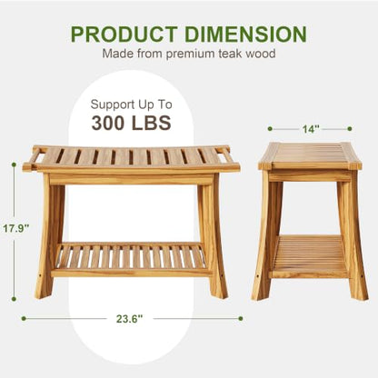 24" Teak Shower Bench with Towel Bar & Shelf - 2-Tier Bath Stool | Solid Teak Shower Stool, Safety Non-Slip Feet, 300lbs Capacity Spa bath Seat, Leg Shaving, Sauna, Indoor & Outdoor Use
