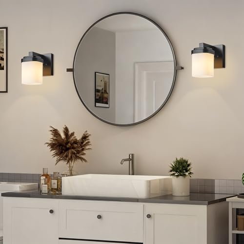 4.72 Inches Bathroom Vanity Lights, 1-Light Black Bathroom Llight Fixtures Over Mirror with Milky White Square Glass Shade, Modern Farmhouse Bathroom Wall Lamp, Wall Sconces Set of Two - color: Black, size: 4.7 Inch : 1-light