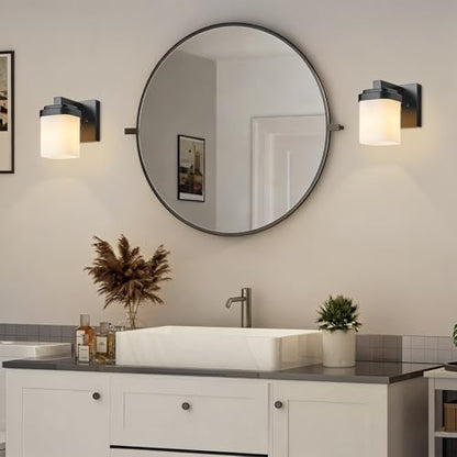 4.72 Inches Bathroom Vanity Lights, 1-Light Black Bathroom Llight Fixtures Over Mirror with Milky White Square Glass Shade, Modern Farmhouse Bathroom Wall Lamp, Wall Sconces Set of Two - color: Black, size: 4.7 Inch : 1-light