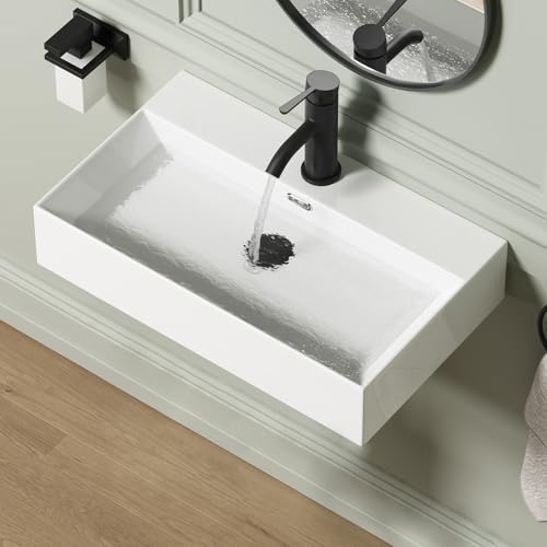 Wall Mount Rectangular Bathroom Sink, QISHKA 24"x14" Modern Ceramic Floating Vessel Sink, White Rectangle Vanity Sink with Overflow, Wall Hung Wash Hand Basin - size: 24" x 14.1" x 5.1"