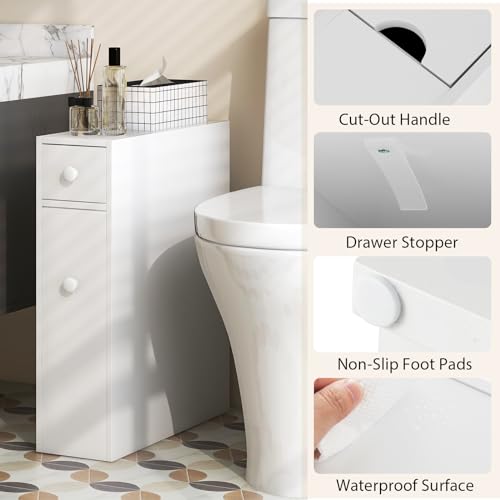 Tangkula Slim Storage Cabinet, Free Standing, with Slide Out Drawers, Narrow Floor Bathroom Organizer Next to Toilet, Toilet Paper Holder, 19 x 6.5 x 23 Inches (White) - color: White