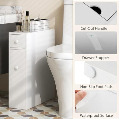 Tangkula Slim Storage Cabinet, Free Standing, with Slide Out Drawers, Narrow Floor Bathroom Organizer Next to Toilet, Toilet Paper Holder, 19 x 6.5 x 23 Inches (White) - color: White